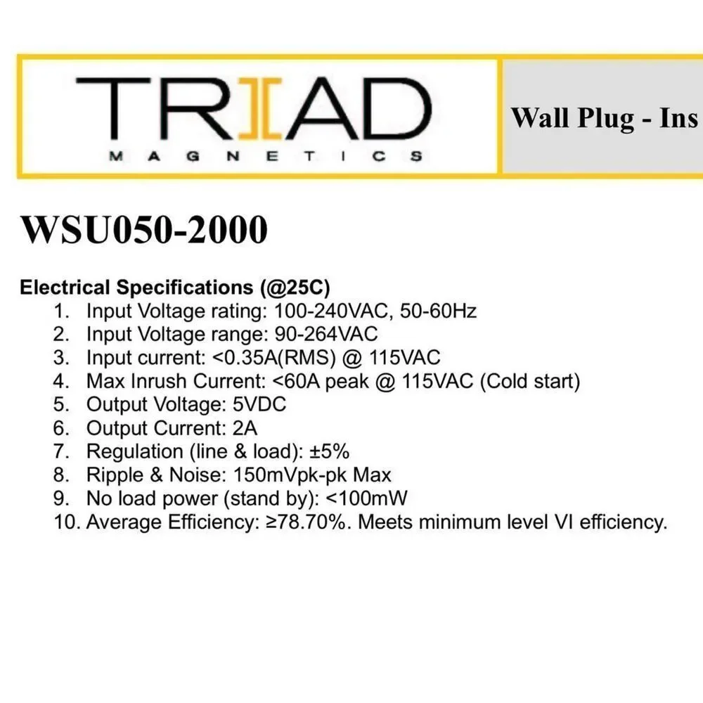 TRIAD MAGNETICS- Set of 4, WSU050-2000, AC/DC Wall Mount Adapter 5V 10W, NWB